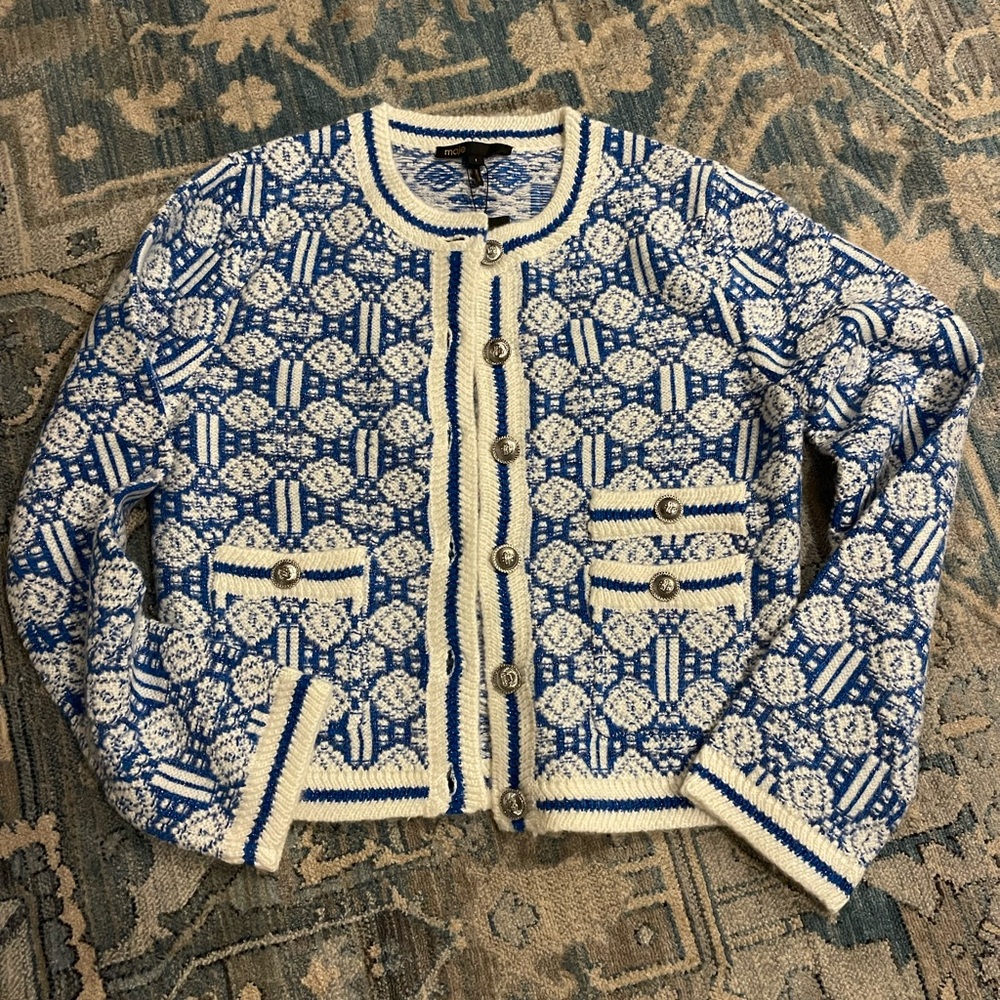 Maje Blue and White Knit Cardigan